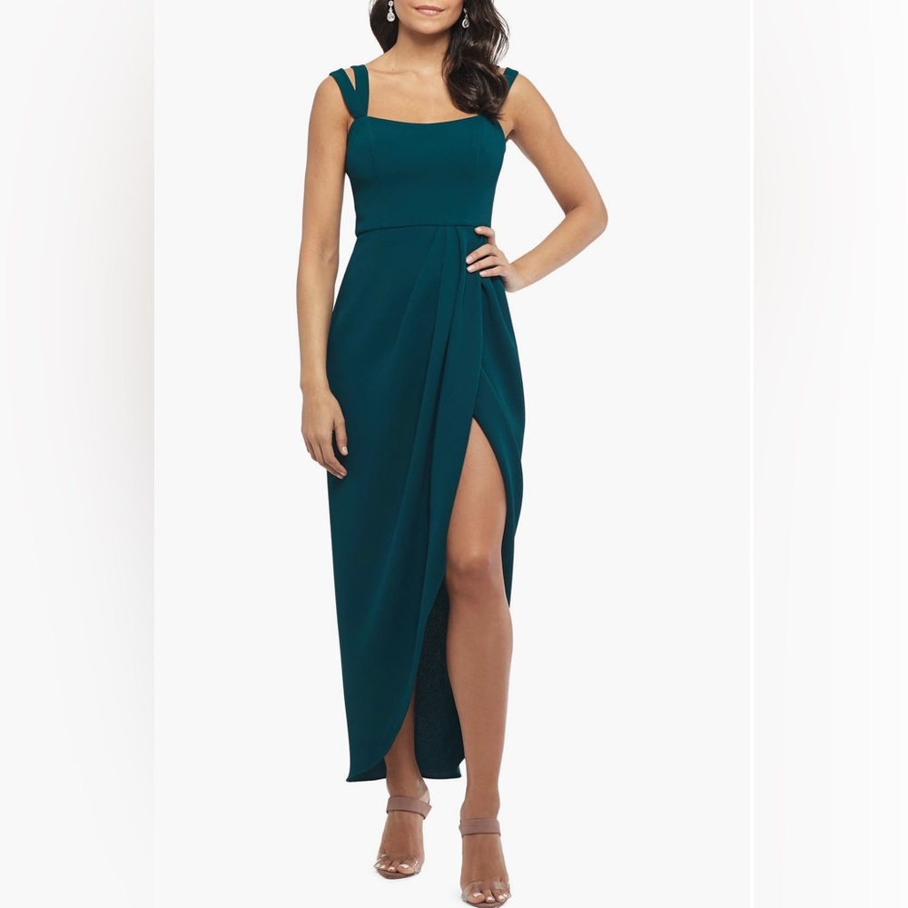 Xscape Evenings aside Ruched Double Strap Crepe Gown
